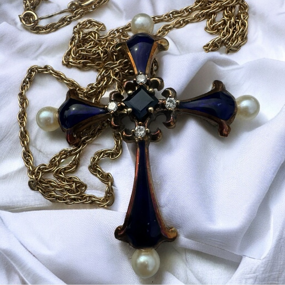 Franklin Mint Cross Pendant with 14k Gold, Sapphire, Pearls, Diamonds and Enamel